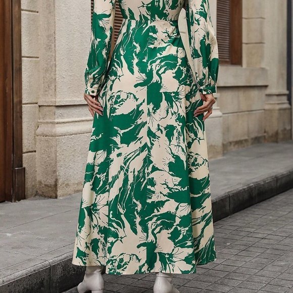 Green Boho Womens Allover Print Lantern Sleeve Dress - Picture 4 of 5